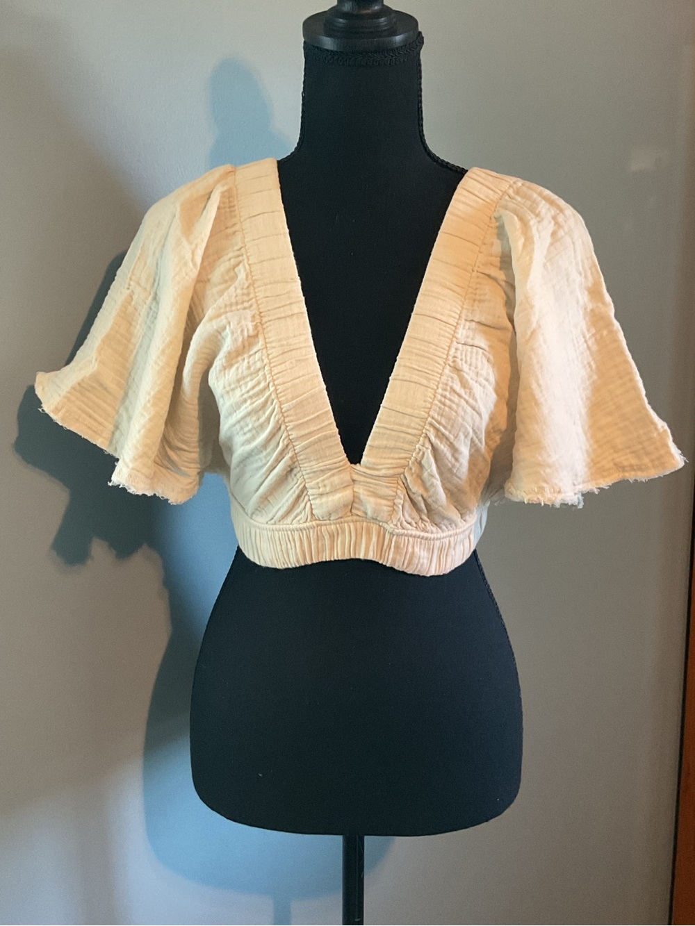 aerie Cream Deep V Cropped Flutter-Sleeve Top